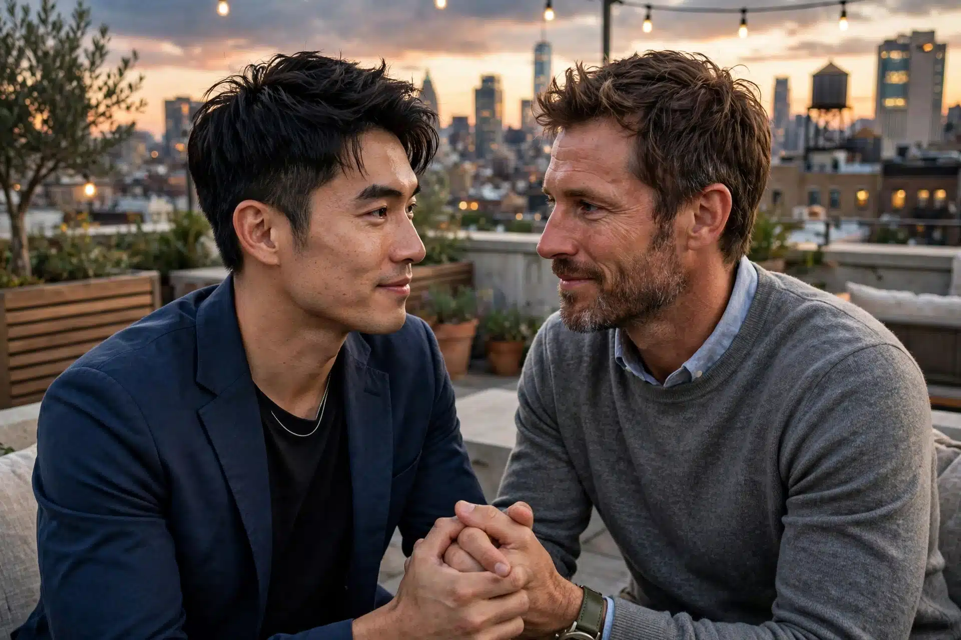 A gay couple smiling at each other on a rooftop at dusk, the Manhattan skyline behind them