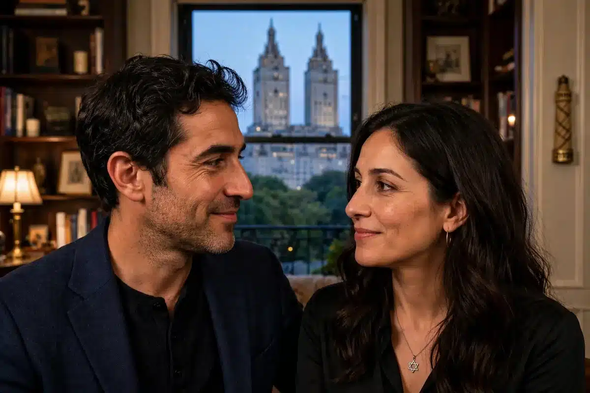 A Jewish couple looking at each other in an Upper West Side apartment, the San Remo towers visible through the window behind them