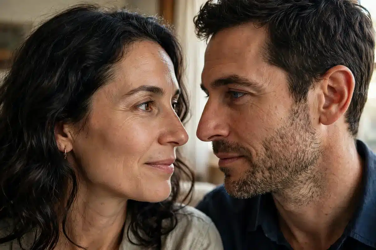 Close-up of a couple face to face looking into each other&rsquo;s eyes, online couples therapy in NYC