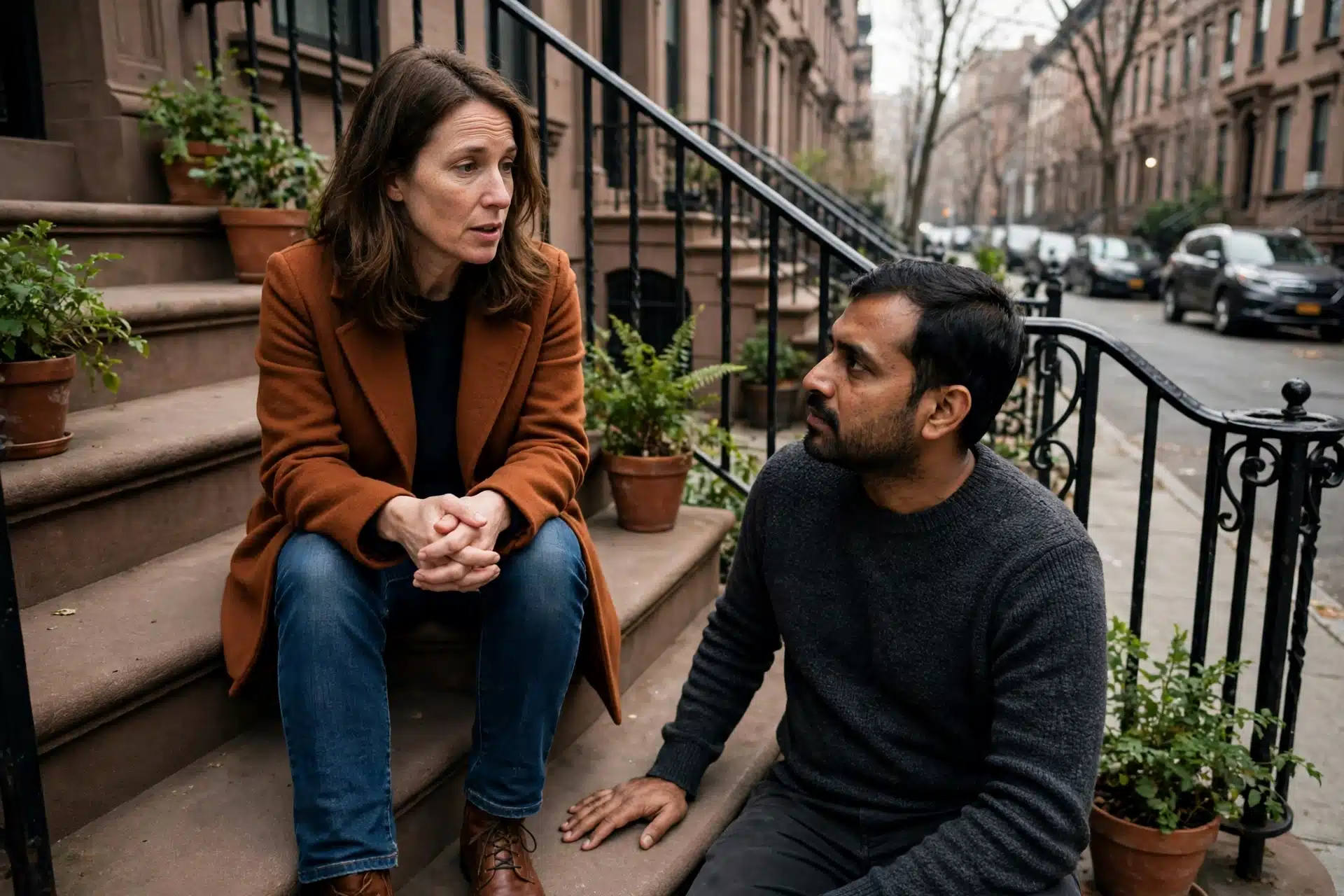 An Indian man and a white woman in earnest conversation on the steps of a New York brownstone, schema therapy for couples in NYC