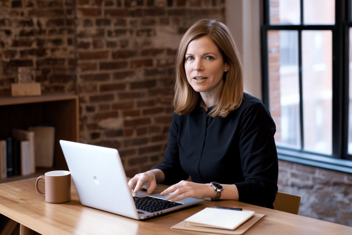 Woman at a laptop in a brick-walled home office during an online individual therapy NYC session